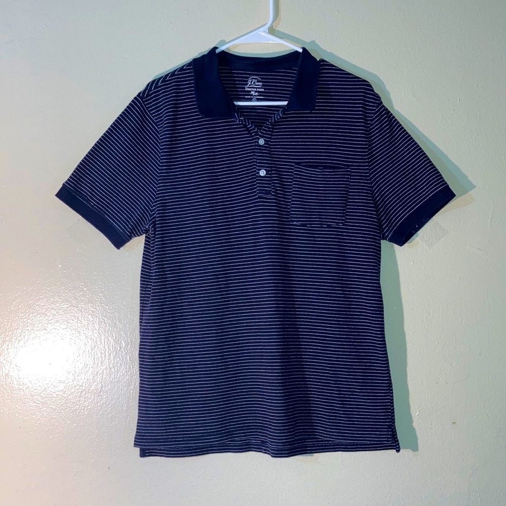 J.Crew 3 Button Short Sleeve Stripe Polo Shirt Men Size Large Navy Blue & White